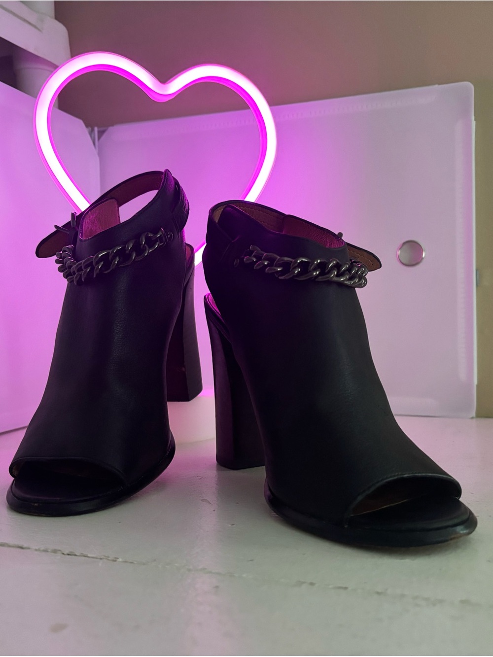 Coach Black Leather Chain Open Toe Slingback Heels Pumps 8.5